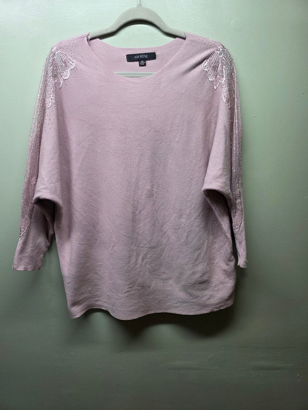 Ava Rose Pink Sweater 2XL Lace Rhinestone Embellished Dolman Sleeve